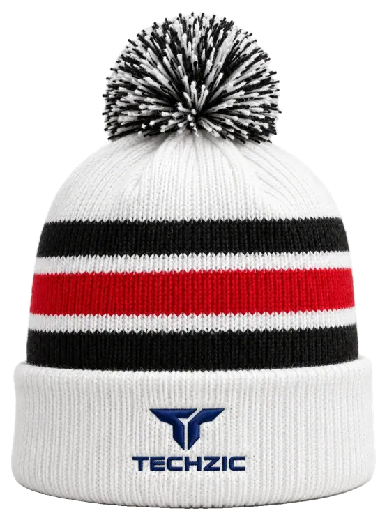 TECHZIC Pom-Pom Team Beanie in White / Red / Black
