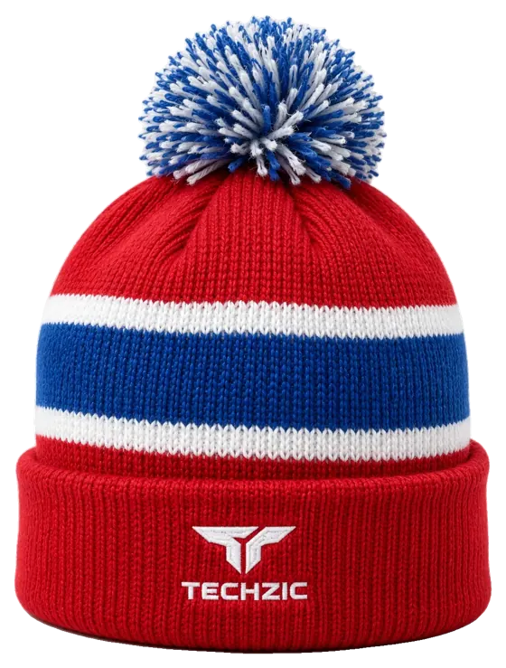 TECHZIC Pom-Pom Team Beanie in Red / Royal / White