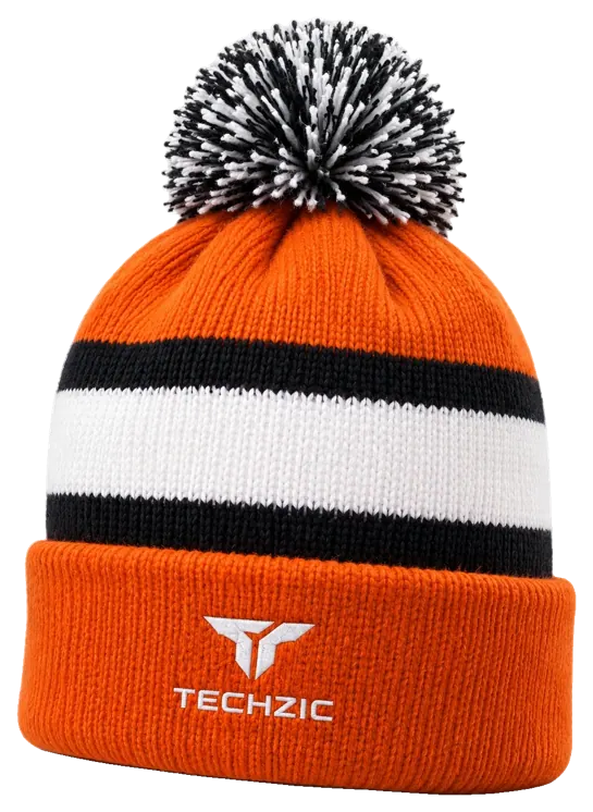 TECHZIC Pom-Pom Team Beanie in Orange / Black / White