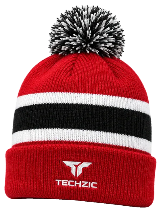 TECHZIC Pom-Pom Team Beanie in Red / White / Black