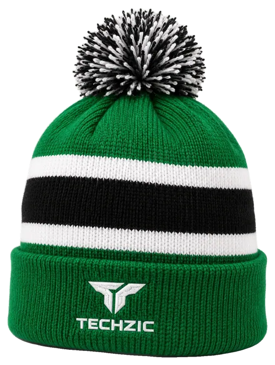 TECHZIC Pom-Pom Team Beanie in Kelly / White / Black