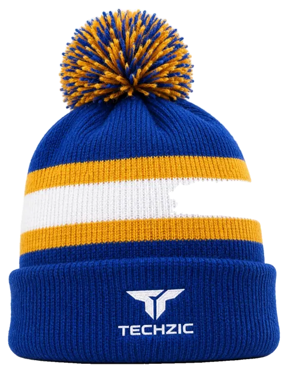 TECHZIC Pom-Pom Team Beanie in Royal / Gold / White