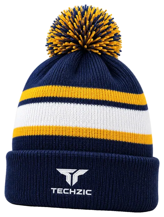 TECHZIC Pom-Pom Team Beanie in Navy / Gold / White