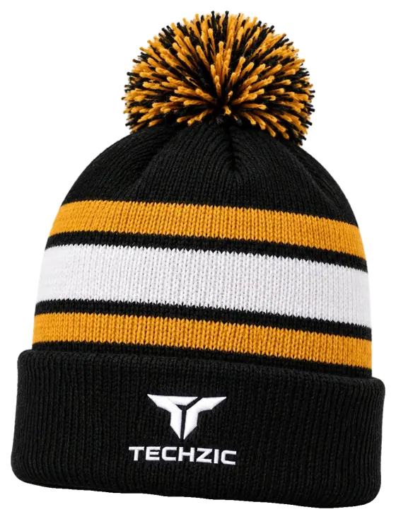 TECHZIC Pom-Pom Team Beanie in Black / Gold / White