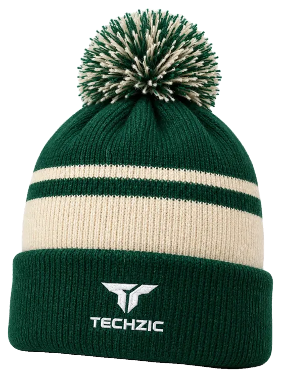 TECHZIC Pom-Pom Team Beanie in Dark Green / Cream