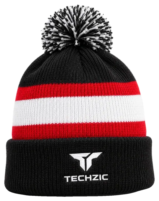 TECHZIC Pom-Pom Team Beanie in Black / Red / White