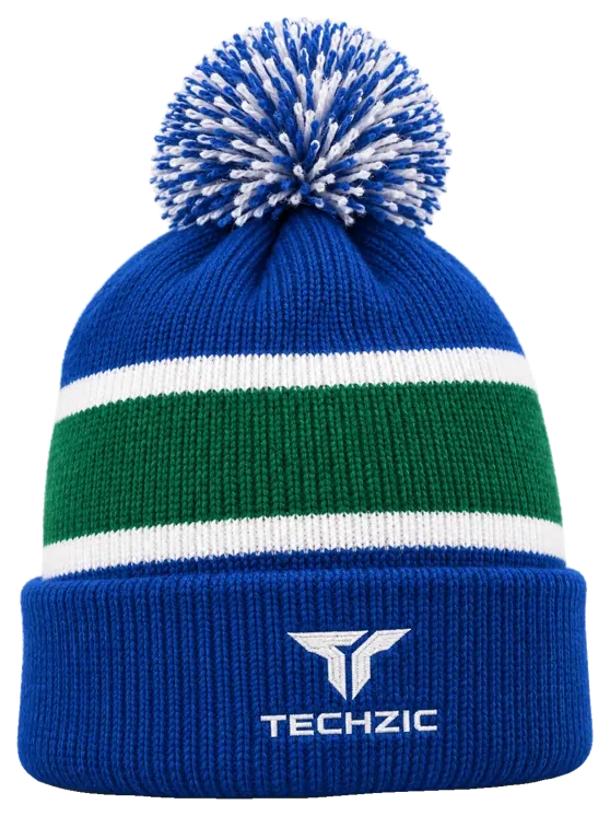 TECHZIC Pom-Pom Team Beanie in Royal / Green / White