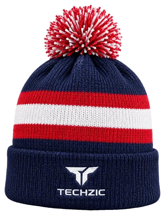 TECHZIC Pom-Pom Team Beanie in Navy / Red / White