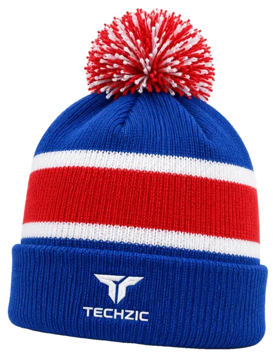 TECHZIC Pom-Pom Team Beanie in Royal / Red / White
