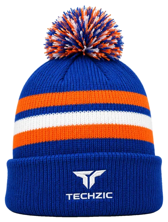 TECHZIC Pom-Pom Team Beanie in Royal / Orange / White