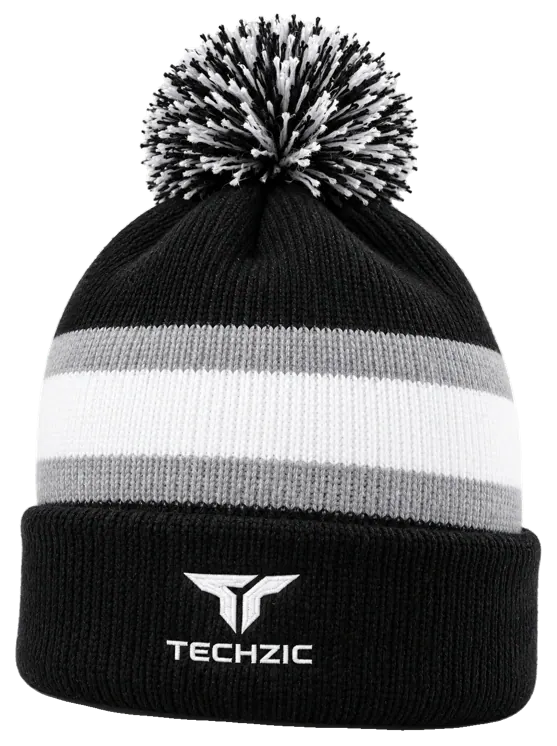 TECHZIC Pom-Pom Team Beanie in Black / Grey / White