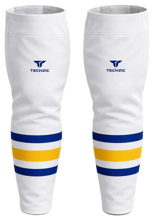 TECHZIC Pro Cut-and-Sew Hockey Socks - C1100-000 in White / Royal Blue / Gold · Design 1