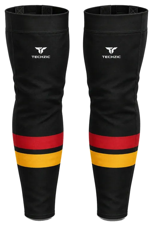 TECHZIC Pro Cut-and-Sew Hockey Socks - C1100-000 in Black / Red / Gold · Design 1