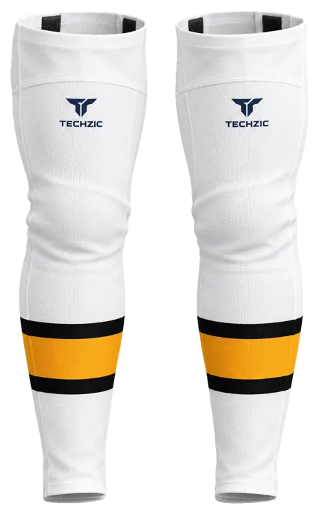 TECHZIC Pro Cut-and-Sew Hockey Socks - C1100-000 in White / Black / Gold · Design 1