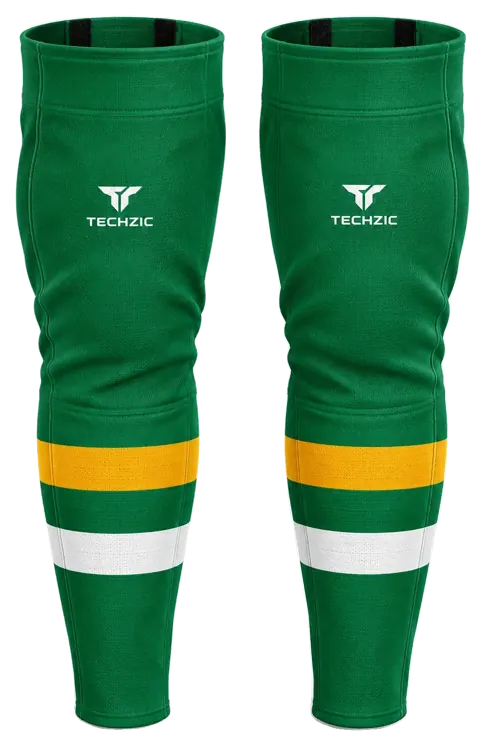 TECHZIC Pro Cut-and-Sew Hockey Socks - C1100-000 in Kelly Green / Gold / White · Design 1