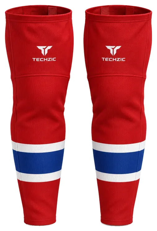 TECHZIC Pro Cut-and-Sew Hockey Socks - C1100-000 in Red / White / Royal Blue