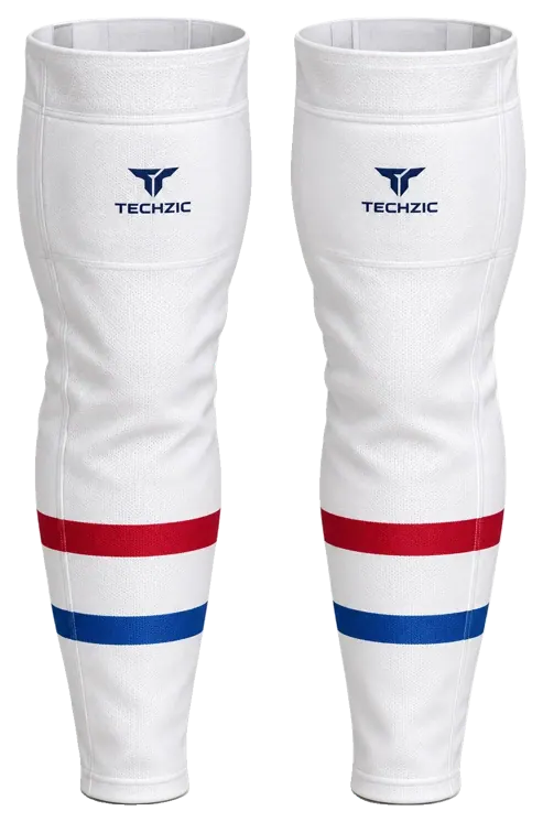 TECHZIC Pro Cut-and-Sew Hockey Socks - C1100-000 in White / Red / Royal Blue
