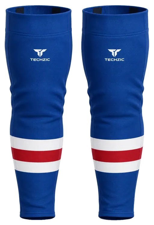 TECHZIC Pro Cut-and-Sew Hockey Socks - C1100-000 in Royal Blue / White / Red · Design 1
