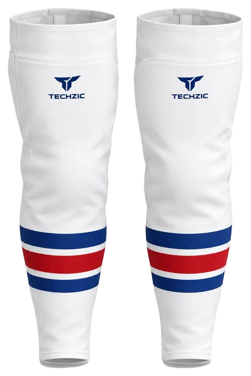TECHZIC Pro Cut-and-Sew Hockey Socks - C1100-000 in White / Royal Blue / Red