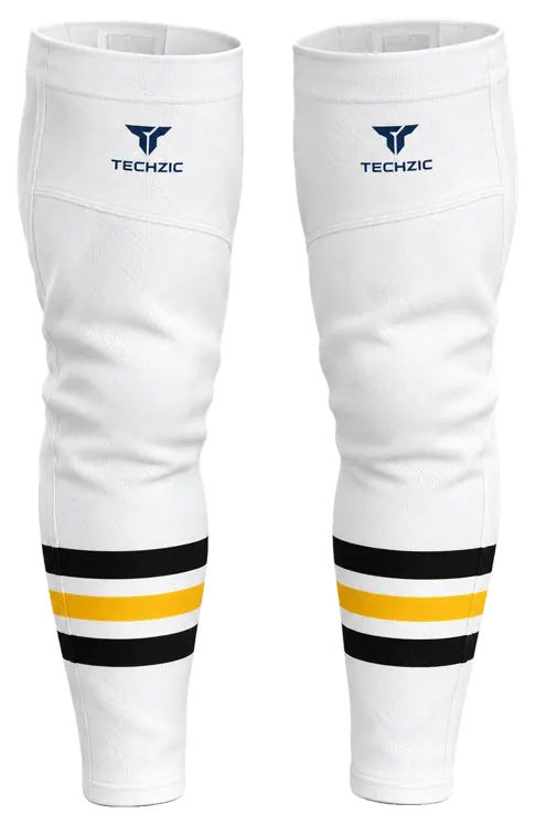 TECHZIC Pro Cut-and-Sew Hockey Socks - C1100-000 in White / Black / Gold · Design 2