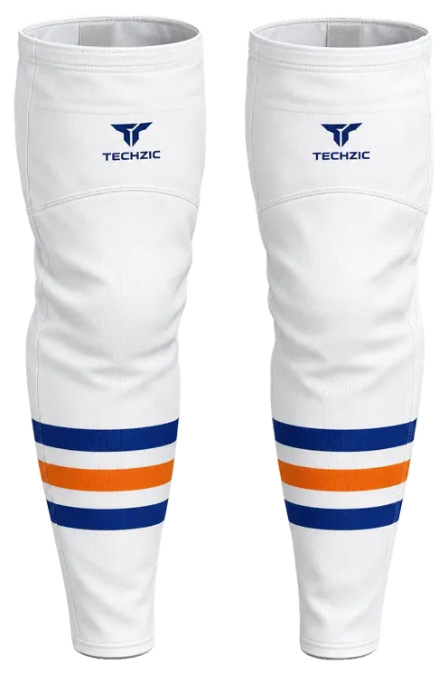 TECHZIC Pro Cut-and-Sew Hockey Socks - C1100-000 in White / Royal Blue / Orange · Design 1