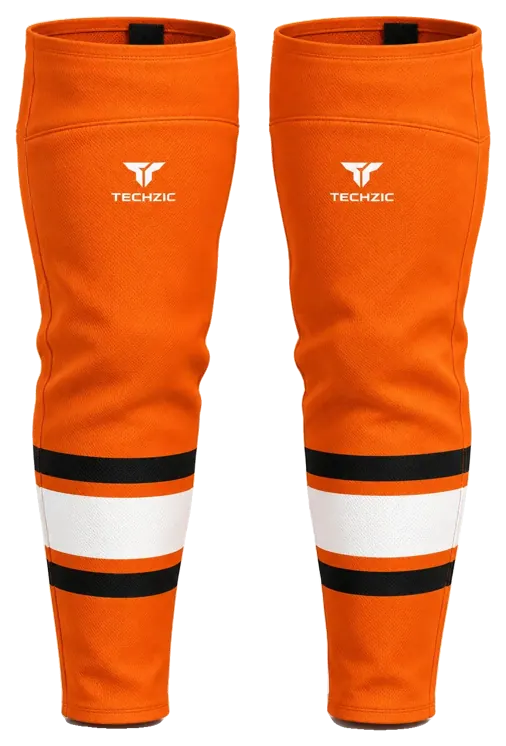 TECHZIC Pro Cut-and-Sew Hockey Socks - C1100-000 in Orange / Black / White · Design 1