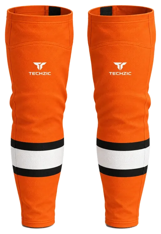 TECHZIC Pro Cut-and-Sew Hockey Socks - C1100-000 in Orange / Black / White · Design 2