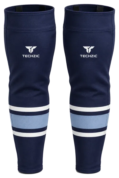 TECHZIC Pro Cut-and-Sew Hockey Socks - C1100-000 in Navy / White / Sky Blue · Design 1