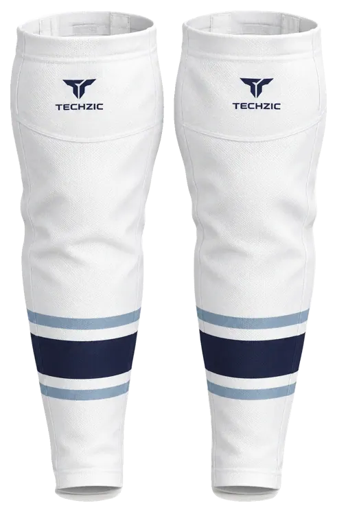 TECHZIC Pro Cut-and-Sew Hockey Socks - C1100-000 in White / Sky Blue / Navy · Design 1
