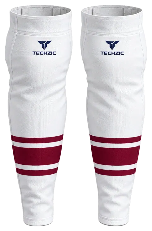 TECHZIC Pro Cut-and-Sew Hockey Socks - C1100-000 in White / Maroon · Design 1