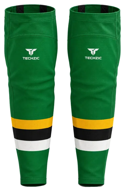 TECHZIC Pro Cut-and-Sew Hockey Socks - C1100-000 in Kelly Green / Gold / Black / White