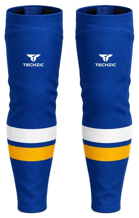 TECHZIC Pro Cut-and-Sew Hockey Socks - C1100-000 in Royal Blue / White / Gold