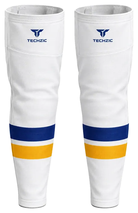 TECHZIC Pro Cut-and-Sew Hockey Socks - C1100-000 in White / Royal Blue / Gold · Design 2