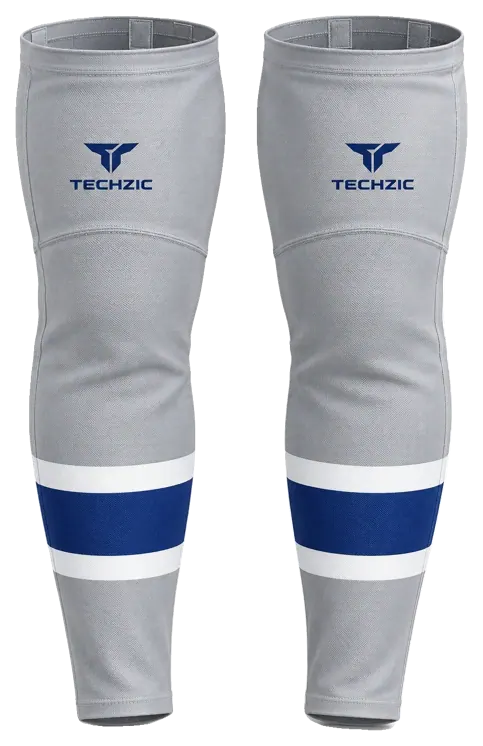 TECHZIC Pro Cut-and-Sew Hockey Socks - C1100-000 in Grey / White / Royal Blue