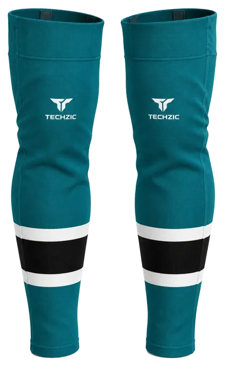 TECHZIC Pro Cut-and-Sew Hockey Socks - C1100-000 in Teal / White / Black