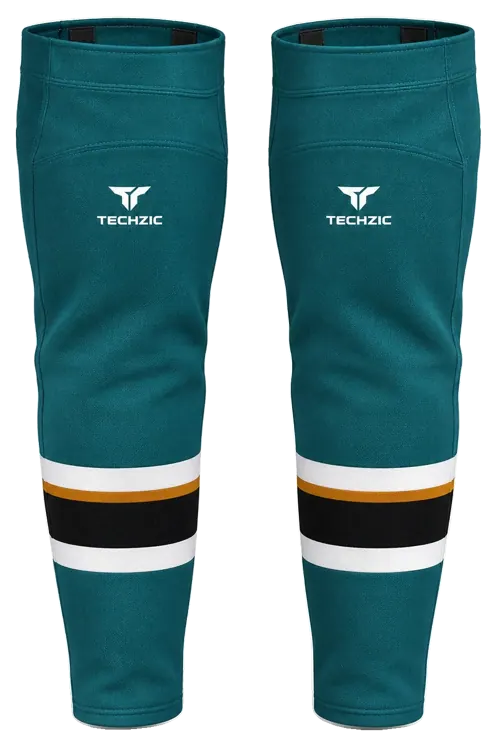 TECHZIC Pro Cut-and-Sew Hockey Socks - C1100-000 in Teal / White / Orange / Black