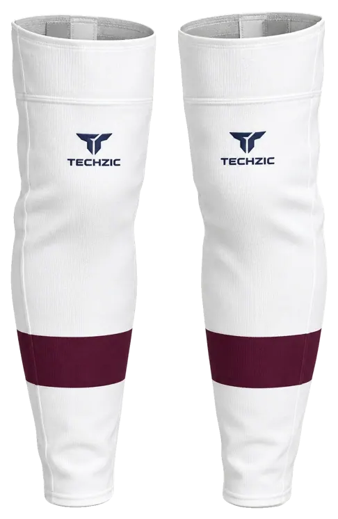 TECHZIC Pro Cut-and-Sew Hockey Socks - C1100-000 in White / Maroon · Design 2