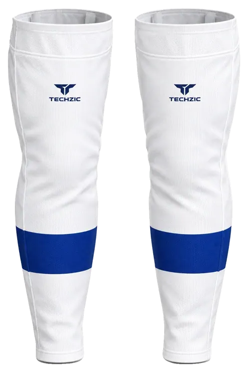 TECHZIC Pro Cut-and-Sew Hockey Socks - C1100-000 in White / Royal Blue · Design 2