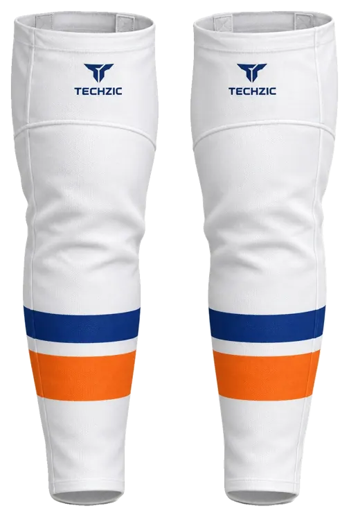TECHZIC Pro Cut-and-Sew Hockey Socks - C1100-000 in White / Royal Blue / Orange · Design 2