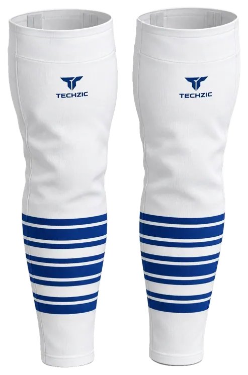 TECHZIC Pro Cut-and-Sew Hockey Socks - C1100-000 in White / Royal Blue · Design 3