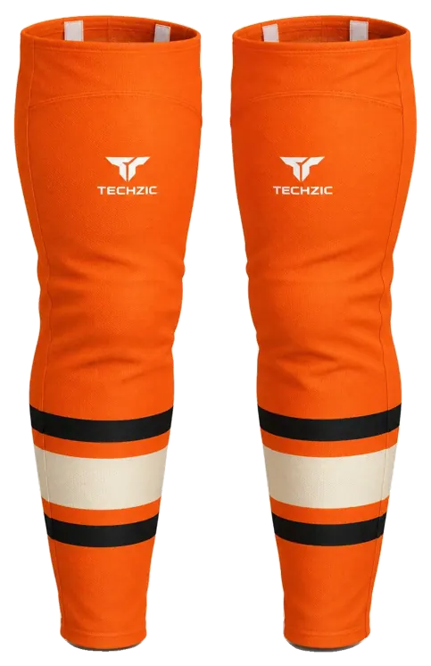 TECHZIC Pro Cut-and-Sew Hockey Socks - C1100-000 in Orange / Black / Cream