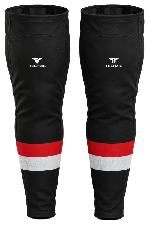 TECHZIC Pro Cut-and-Sew Hockey Socks - C1100-000 in Black / Red / Grey