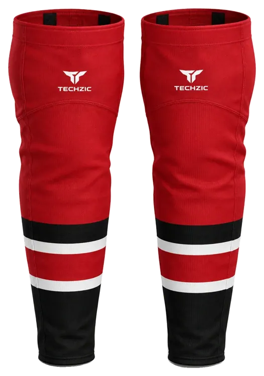 TECHZIC Pro Cut-and-Sew Hockey Socks - C1100-000 in Red / Black / White · Design 1
