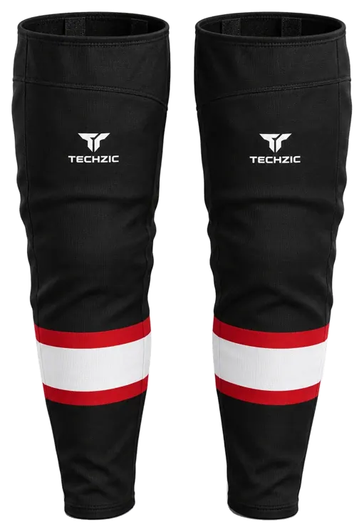 TECHZIC Pro Cut-and-Sew Hockey Socks - C1100-000 in Black / Red / White · Design 1