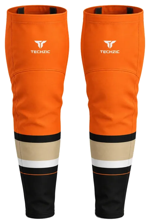 TECHZIC Pro Cut-and-Sew Hockey Socks - C1100-000 in Orange / Black / Vegas Gold / White