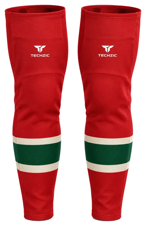 TECHZIC Pro Cut-and-Sew Hockey Socks - C1100-000 in Red / Cream / Forest Green