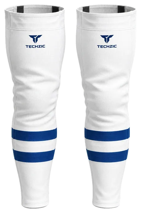 TECHZIC Pro Cut-and-Sew Hockey Socks - C1100-000 in White / Royal Blue · Design 4