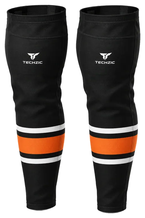 TECHZIC Pro Cut-and-Sew Hockey Socks - C1100-000 in Black / White / Orange