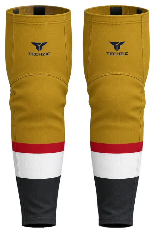 TECHZIC Pro Cut-and-Sew Hockey Socks - C1100-000 in Mustard Gold / Red / White / Charcoal
