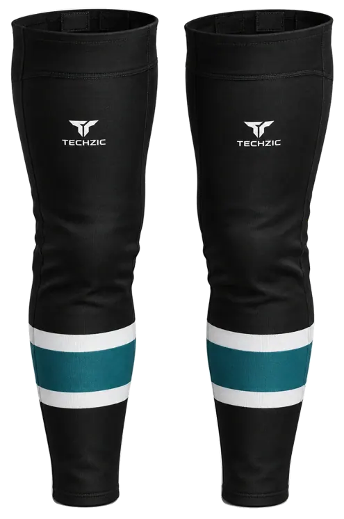 TECHZIC Pro Cut-and-Sew Hockey Socks - C1100-000 in Black / White / Teal